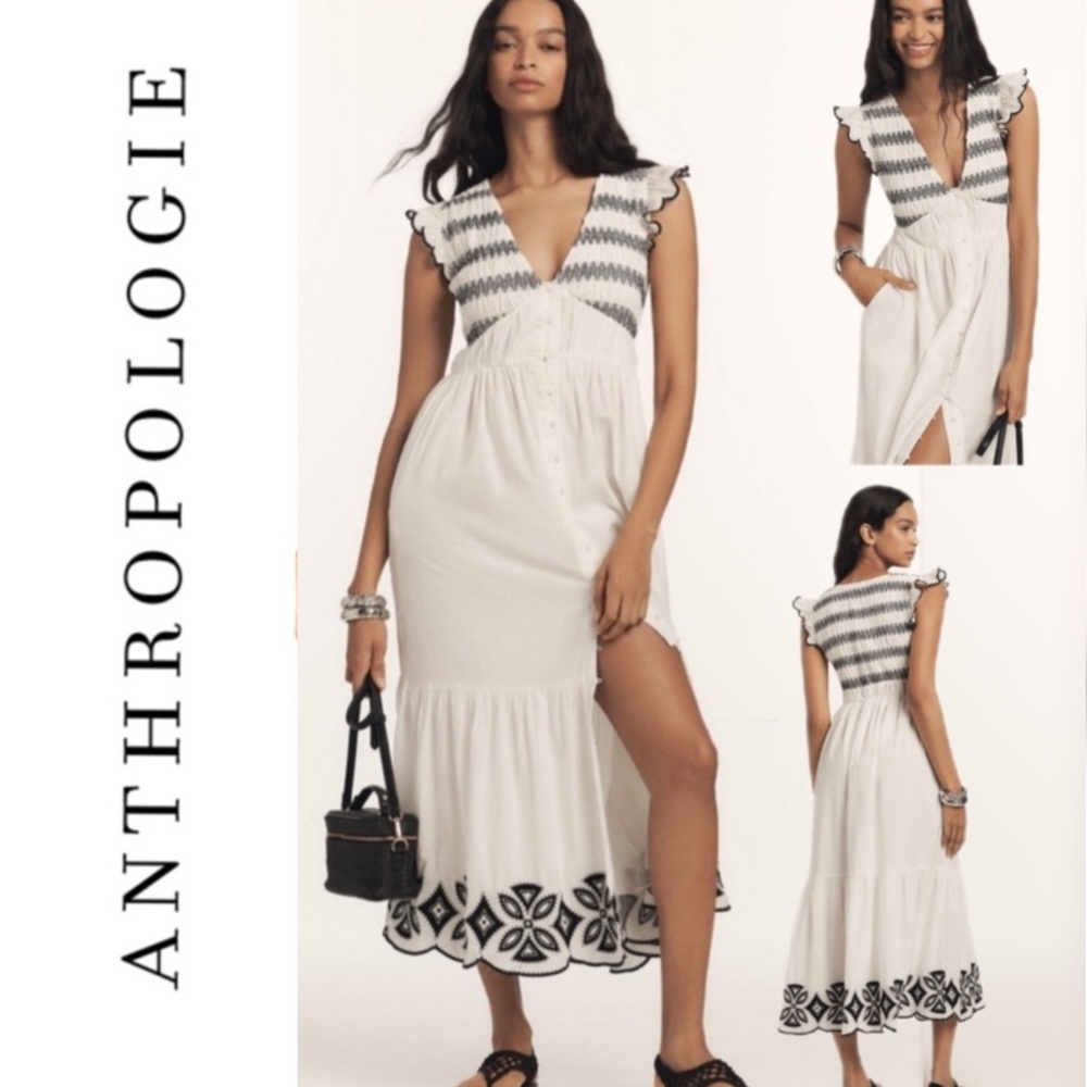 NWT The Peregrine Midi Dress Embroidered Smocked Edition Black White